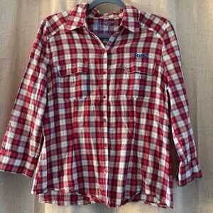 SEVEN7 Red White and Blue Plaid Button up Top Long Sleeve. Size L. 100% Cotton